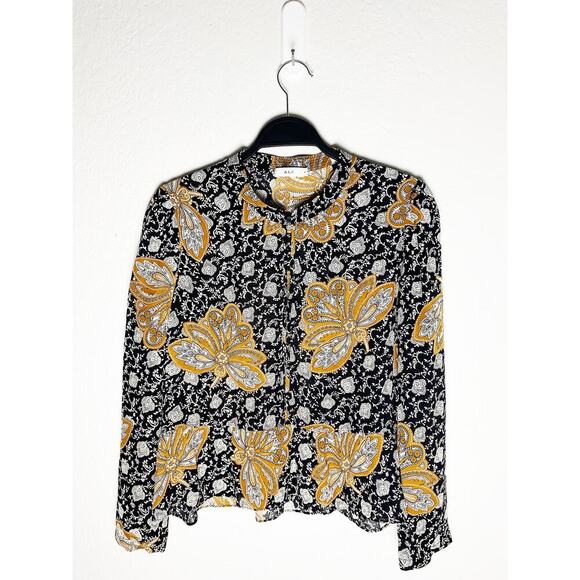 A.L.C. Women's Floral Lox Silk Top Black Gold Keyhole/V Neck Long Sleeve Peplum - Picture 5 of 13